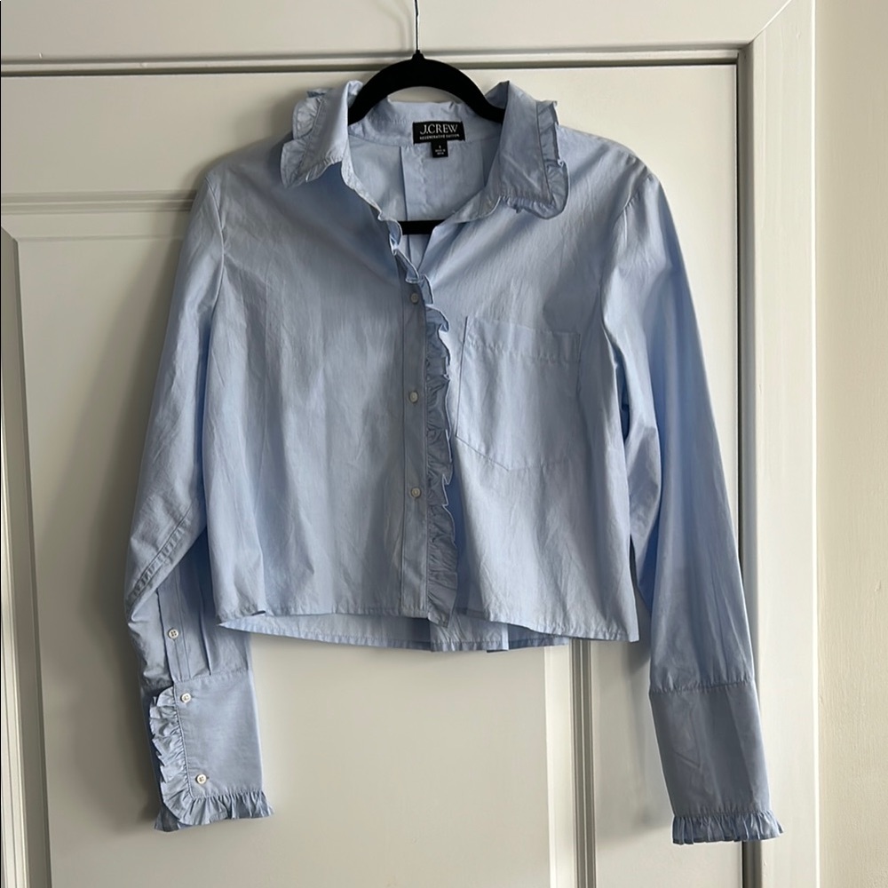 Light Blue Ruffled Button-Up Shirt